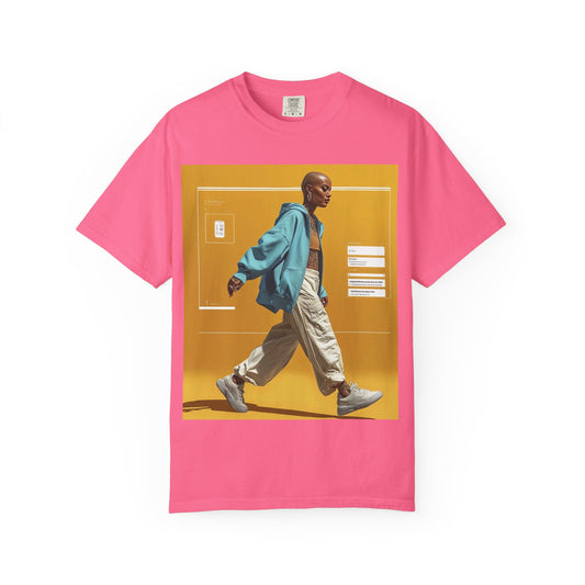 Black Bald Icon Walking Print, Oversized Pink Unisex T-Shirt, Edgy Urban Fashion Statement for Trendsetter